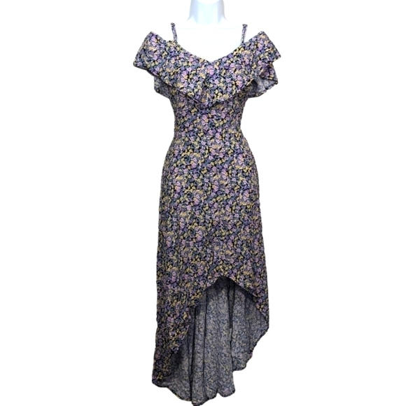 Rewind Dresses & Skirts - REWIND Purple Blue Aqua Sky Floral Off Shoulder High Low Unique Dress Summer